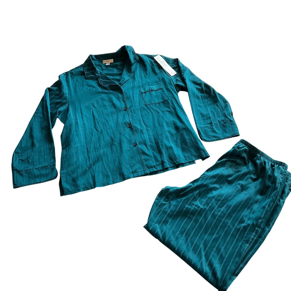 Miss Elaine Pajama Set Women XL Teal Striped Button Down 2 Piece 406103M NWT